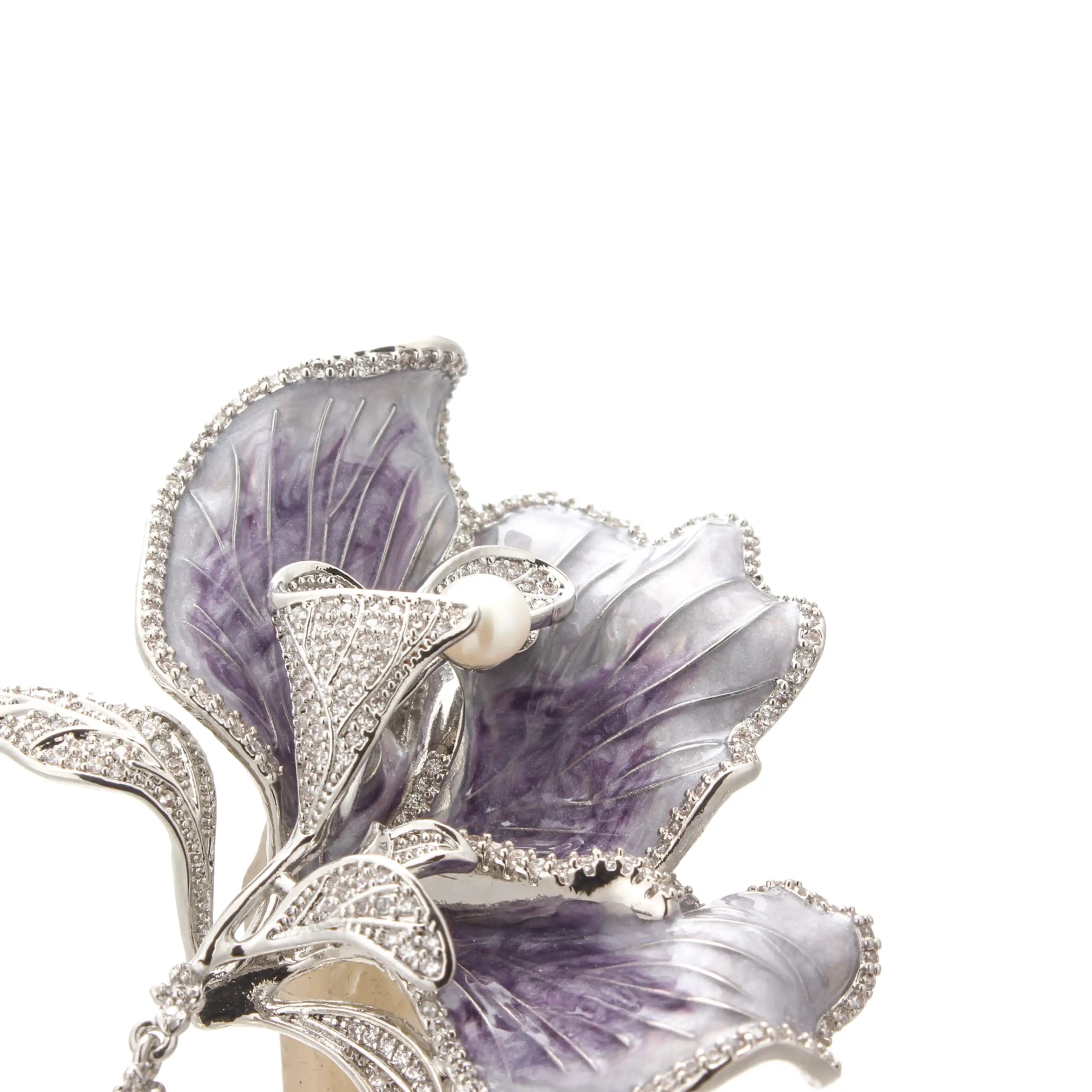 Lilium Moon Brooch Frosted Violet Petals & Pearl Blossom Pin