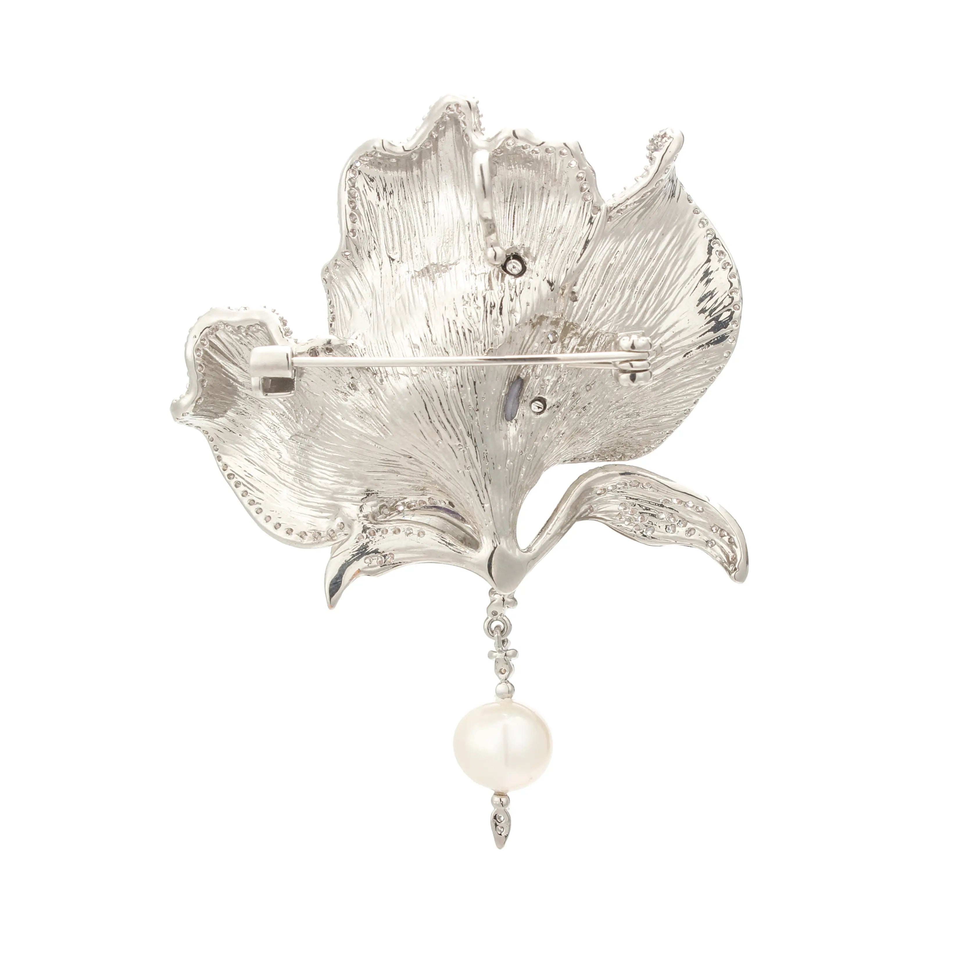 Lilium Moon Brooch Frosted Violet Petals & Pearl Blossom Pin