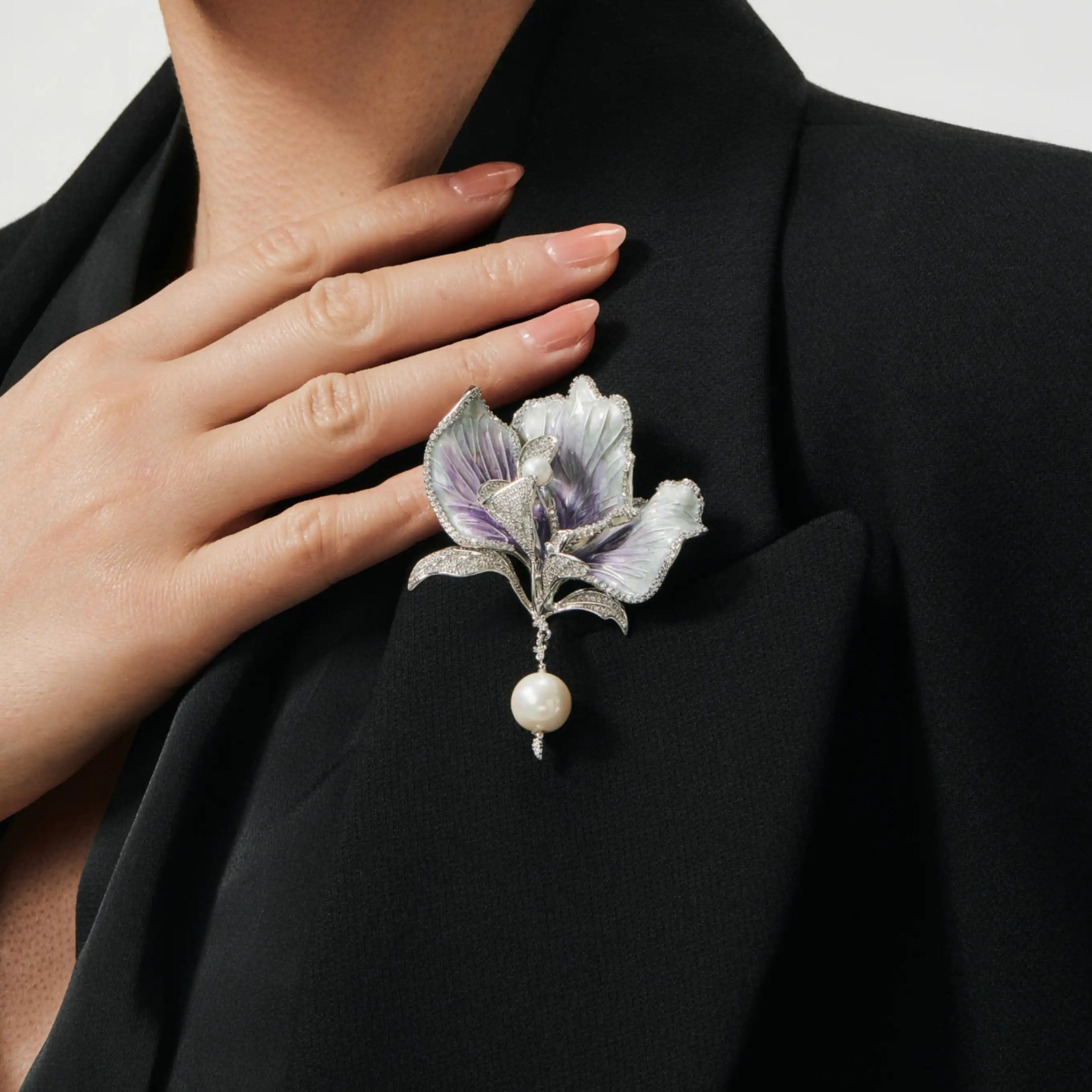 Lilium Moon Brooch Frosted Violet Petals & Pearl Blossom Pin