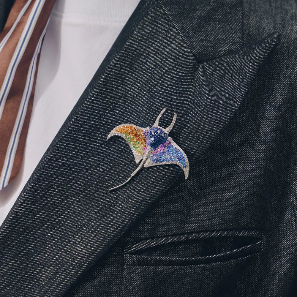Aurora Manta Ray brooch styled on a blazer