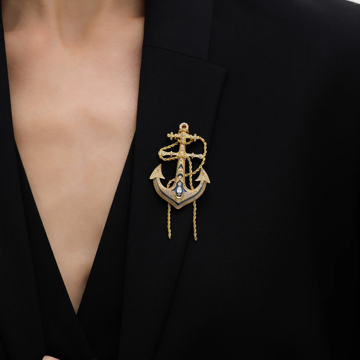 Mariner Anchor Rope & Crystal Statement Brooch