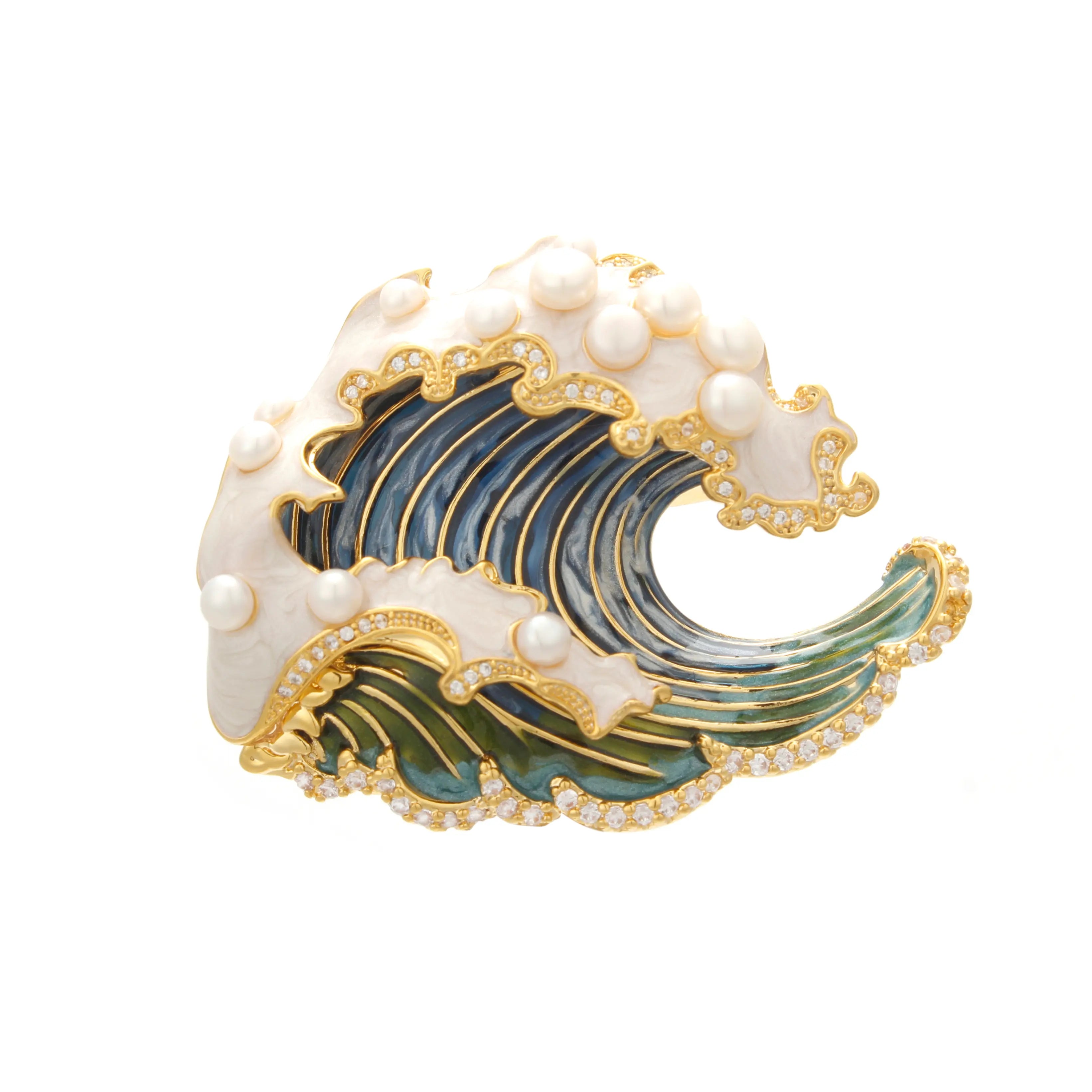 Maris Wave Brooch Pearl Crest & Enamel Ocean Swell