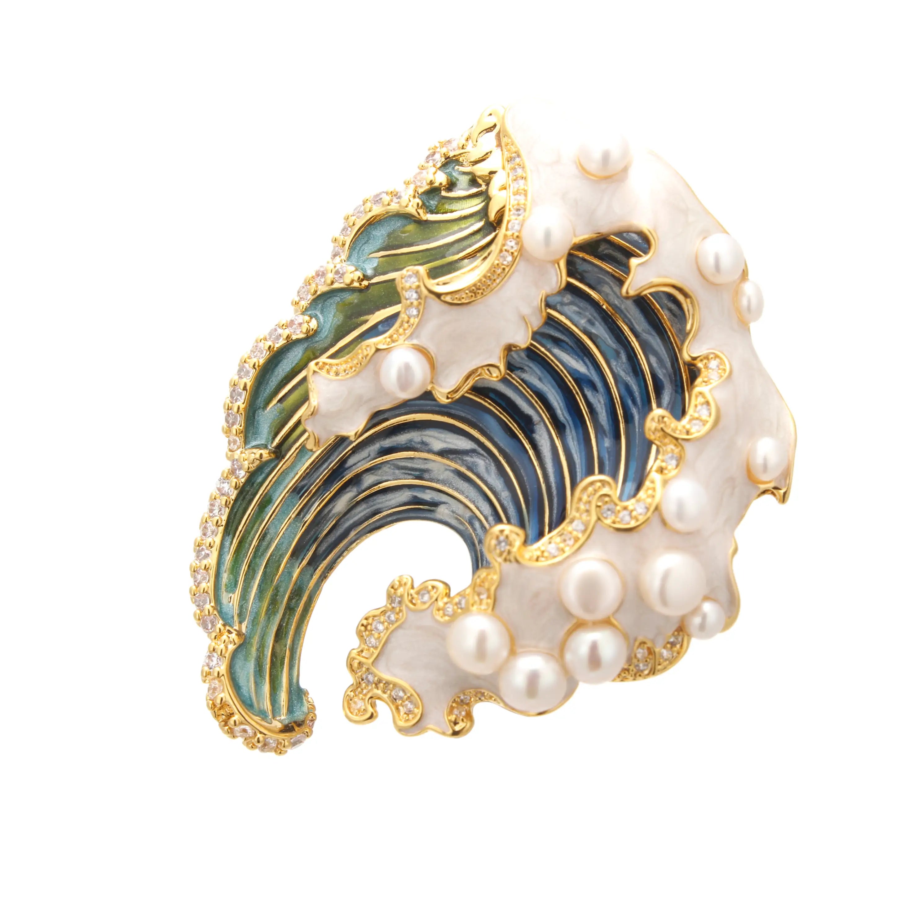 Maris Wave Brooch Pearl Crest & Enamel Ocean Swell