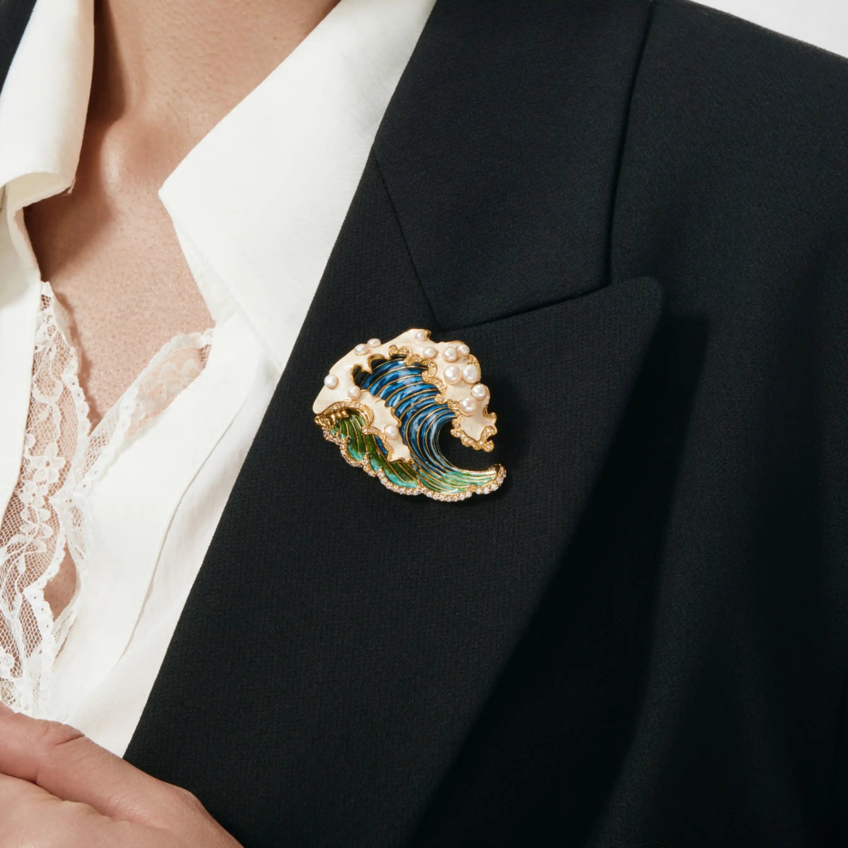 Maris Wave Brooch Pearl Crest & Enamel Ocean Swell