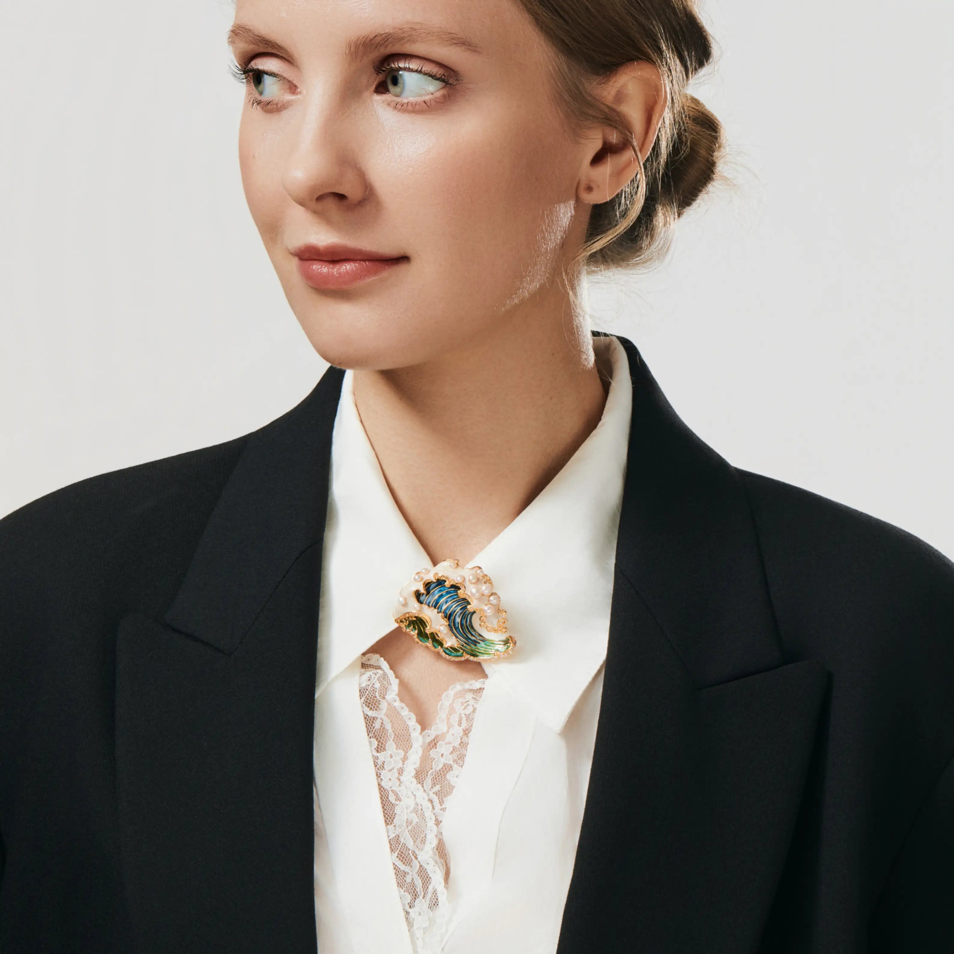 Maris Wave Brooch Pearl Crest & Enamel Ocean Swell
