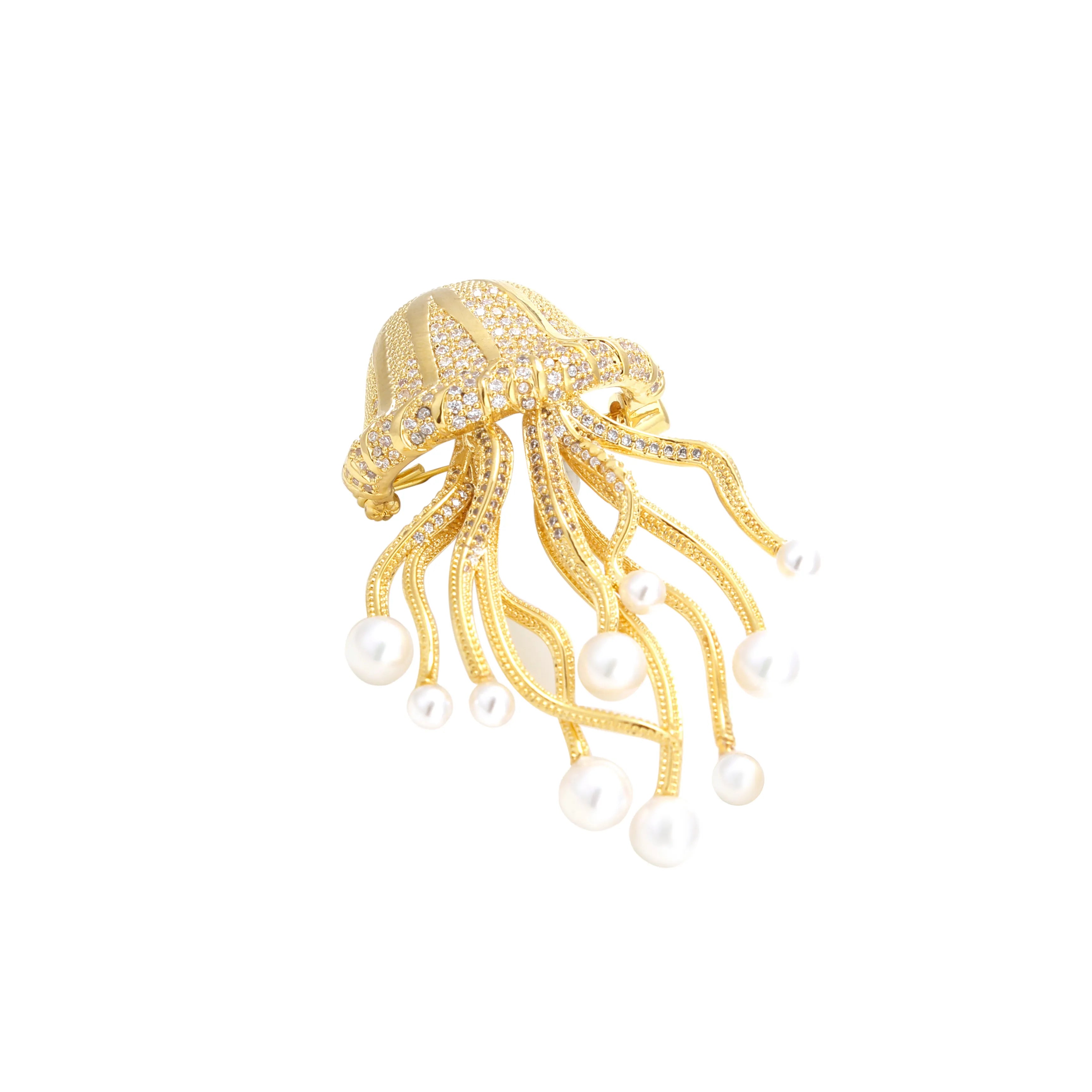 Medusa Brooch Jellyfish Pearl & Crystal Gold Brooch
