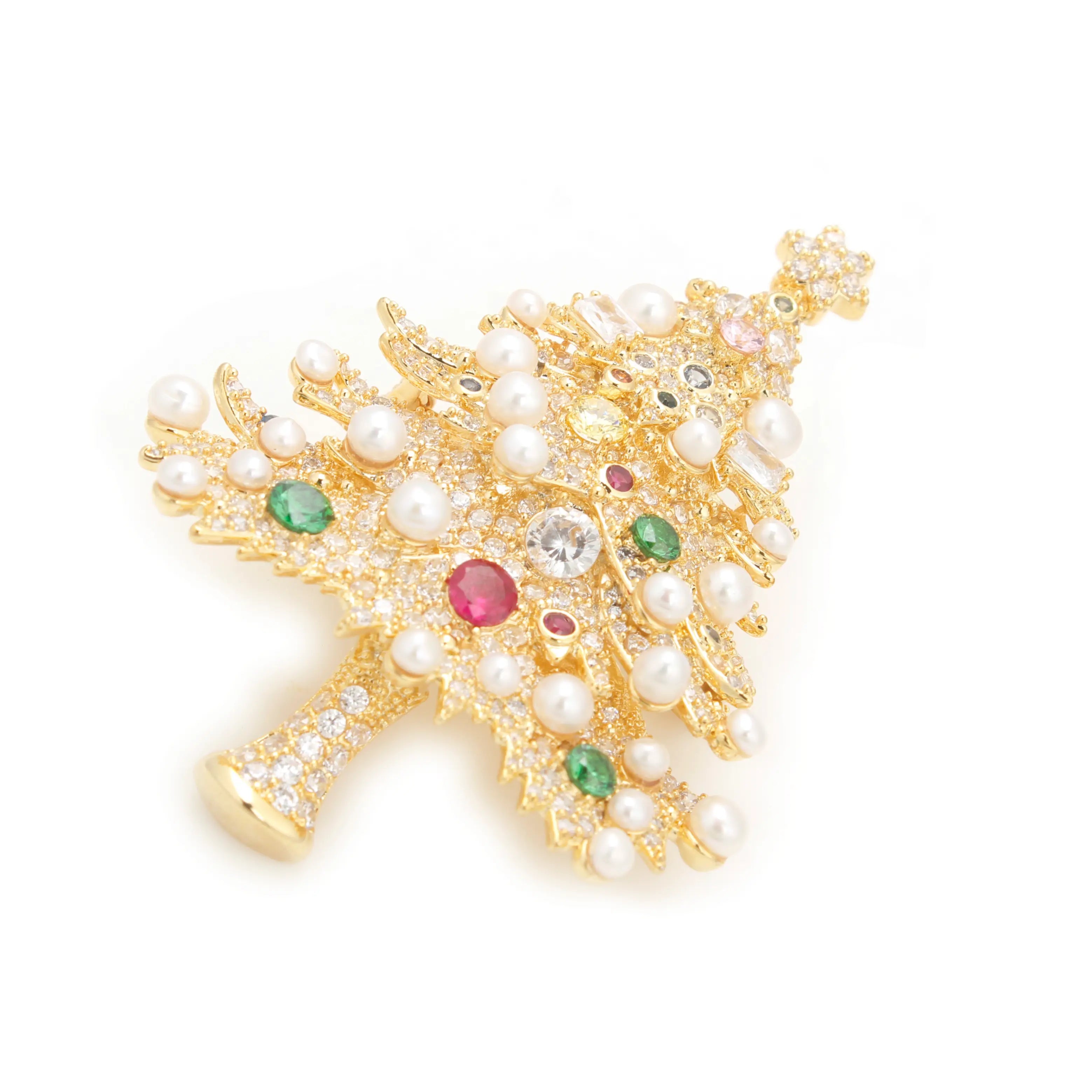 Noel Brooch Christmas Tree Pearl & Crystal Gold Brooch