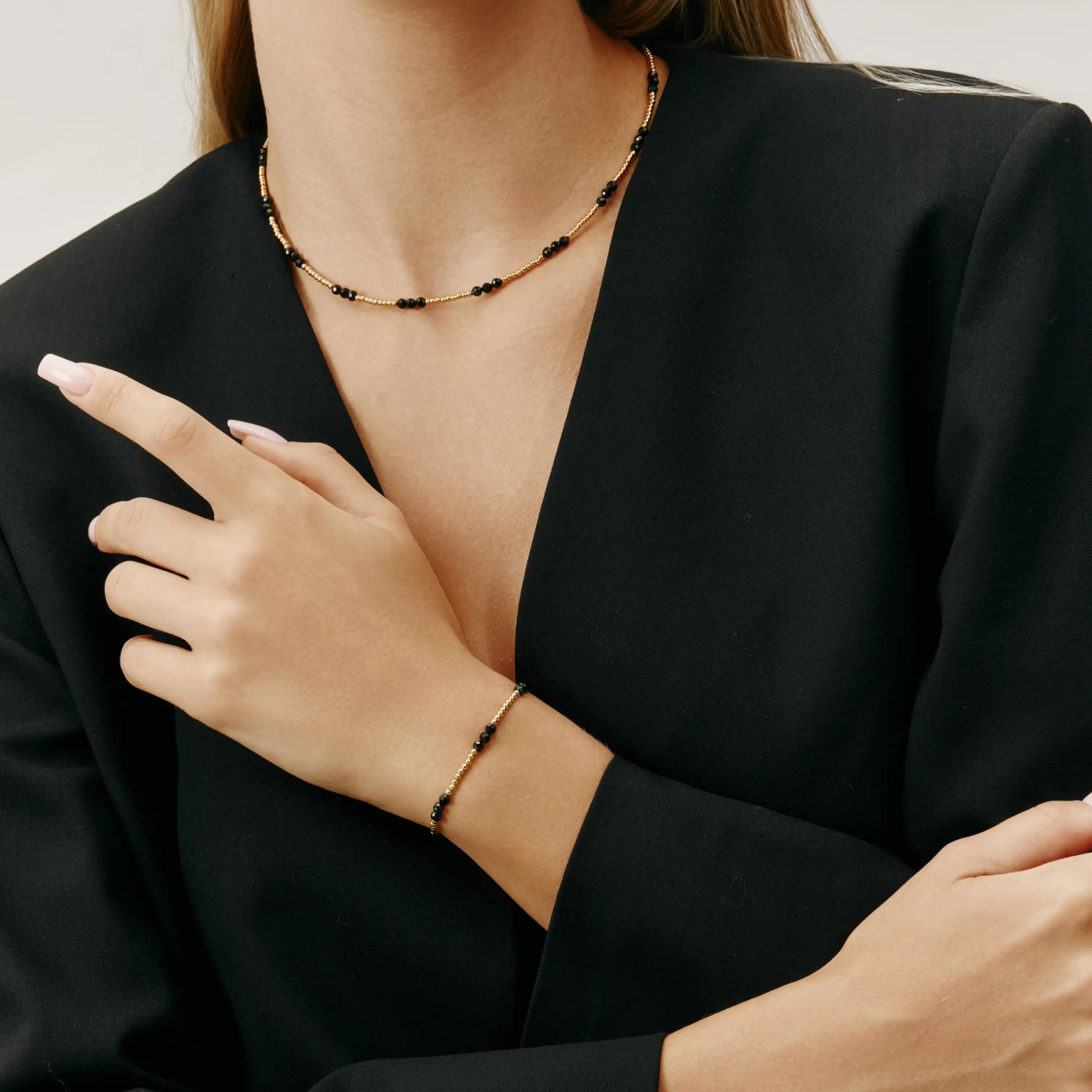 Noir Necklace Black Beaded and Gold-Tone Chain Necklace