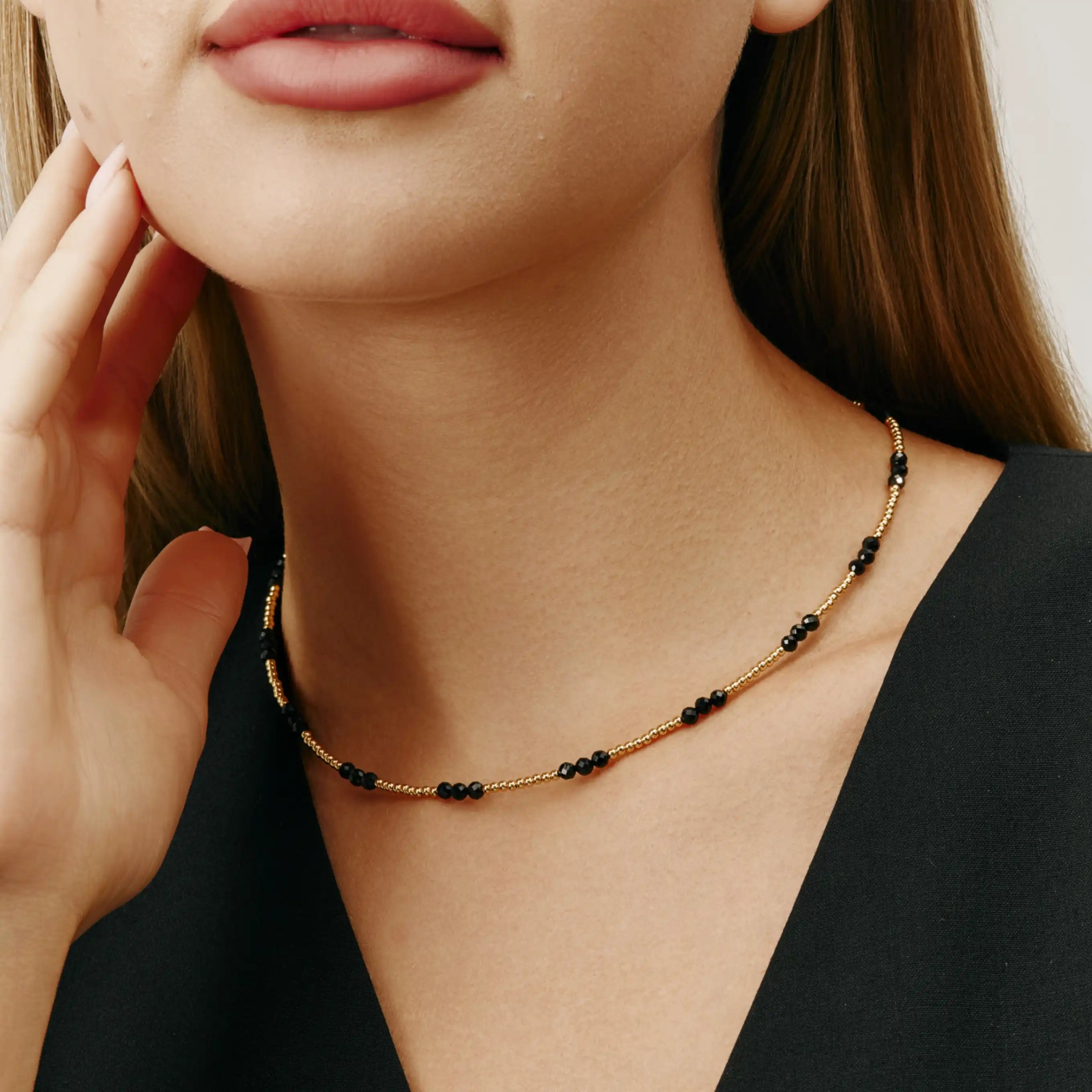 Noir Necklace Black Beaded and Gold-Tone Chain Necklace