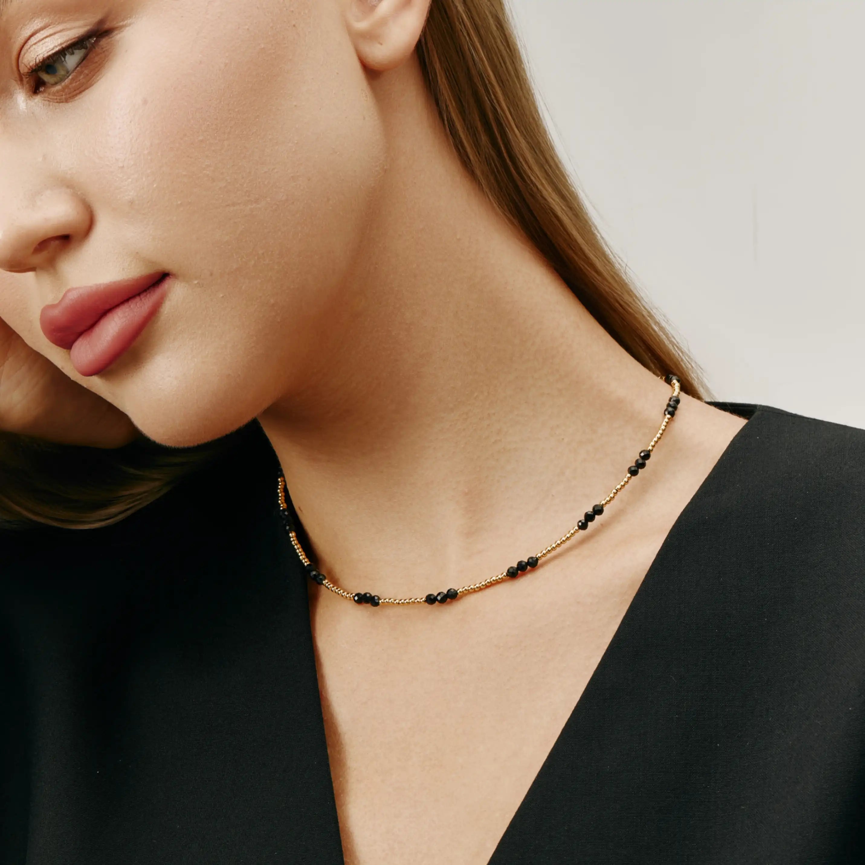 Noir Necklace Black Beaded and Gold-Tone Chain Necklace