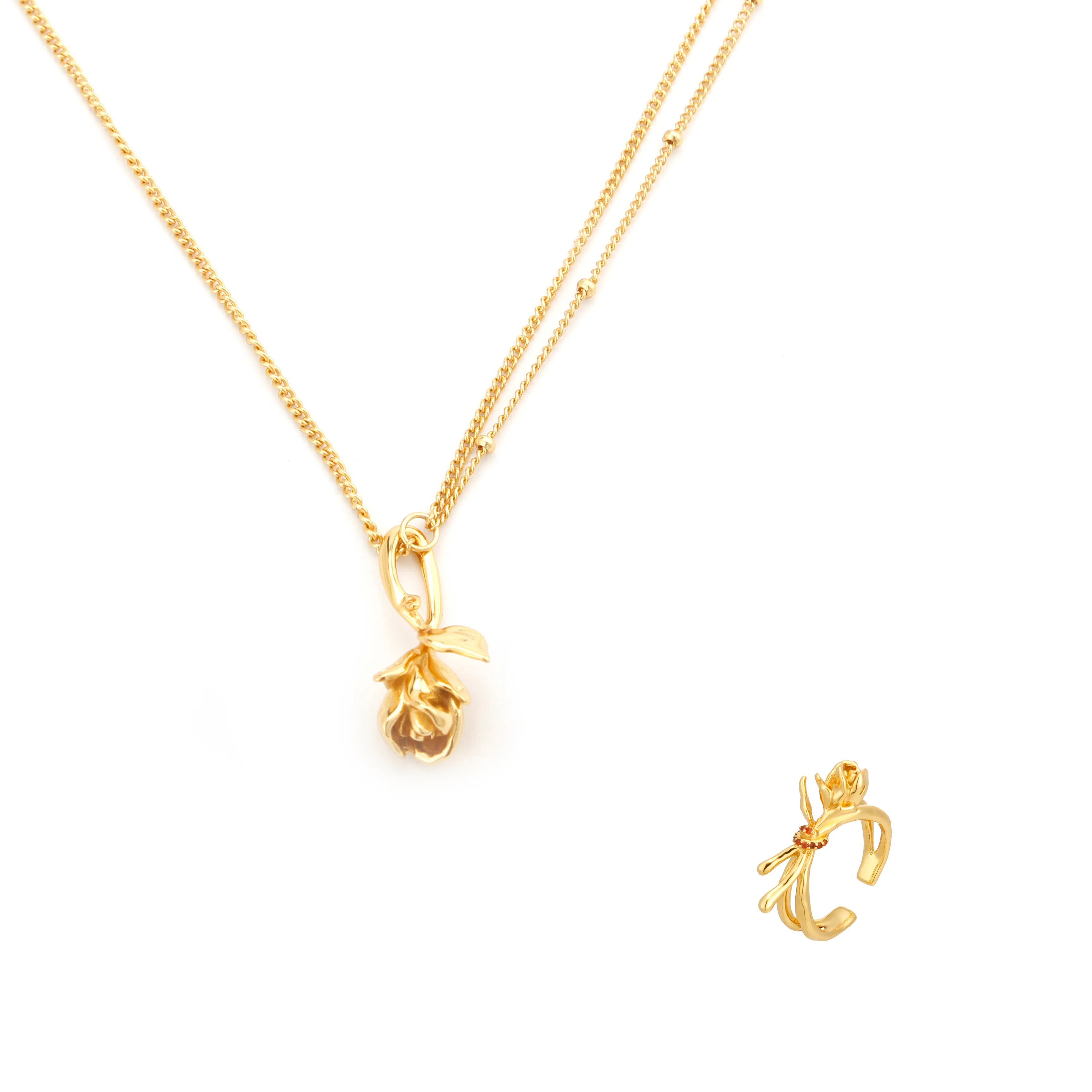 Rosa Duo Set Gold Rose Pendant Necklace & Adjustable Ring