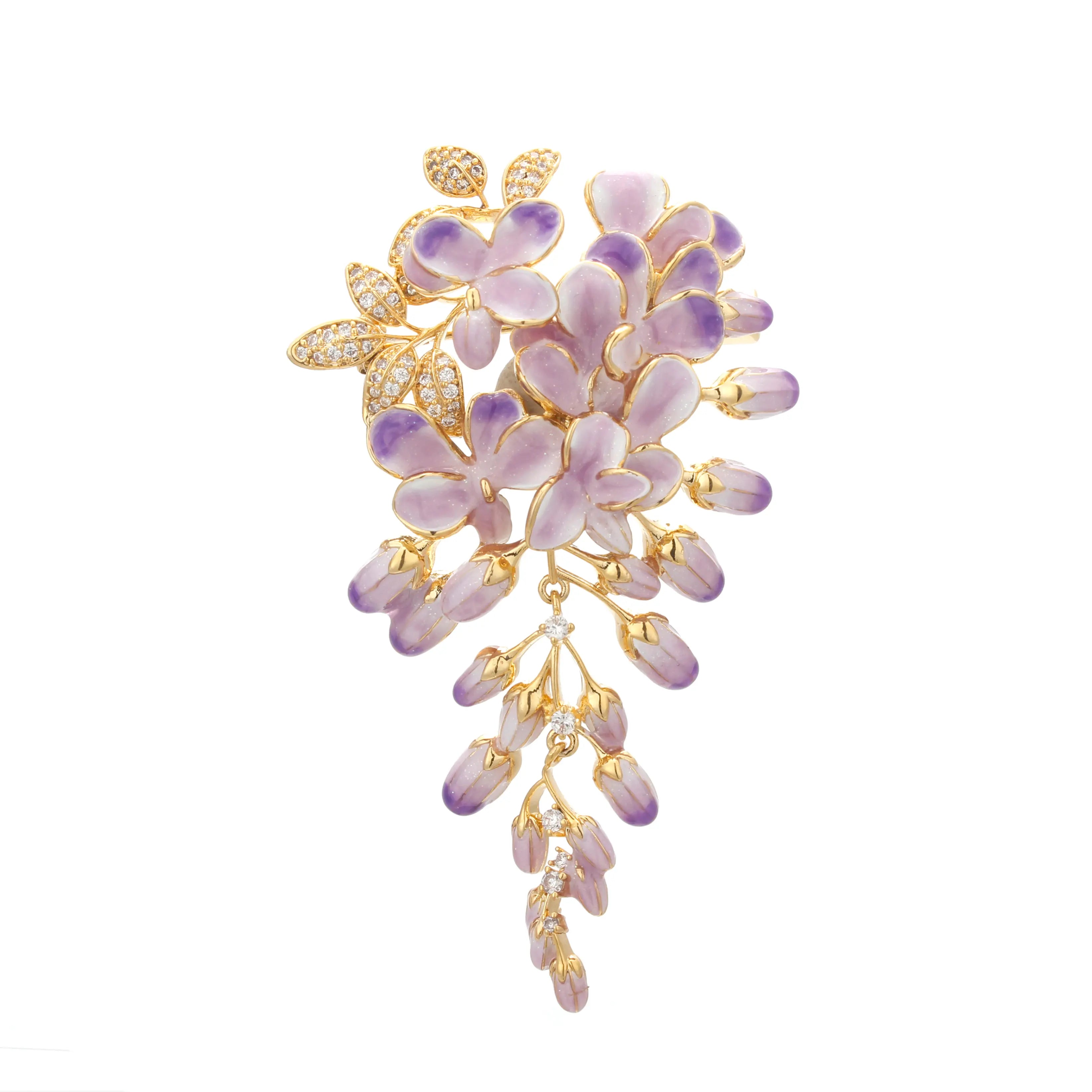 Wisteria Dream Brooch Lavender Blossom & Gold Crystal Vine Pin