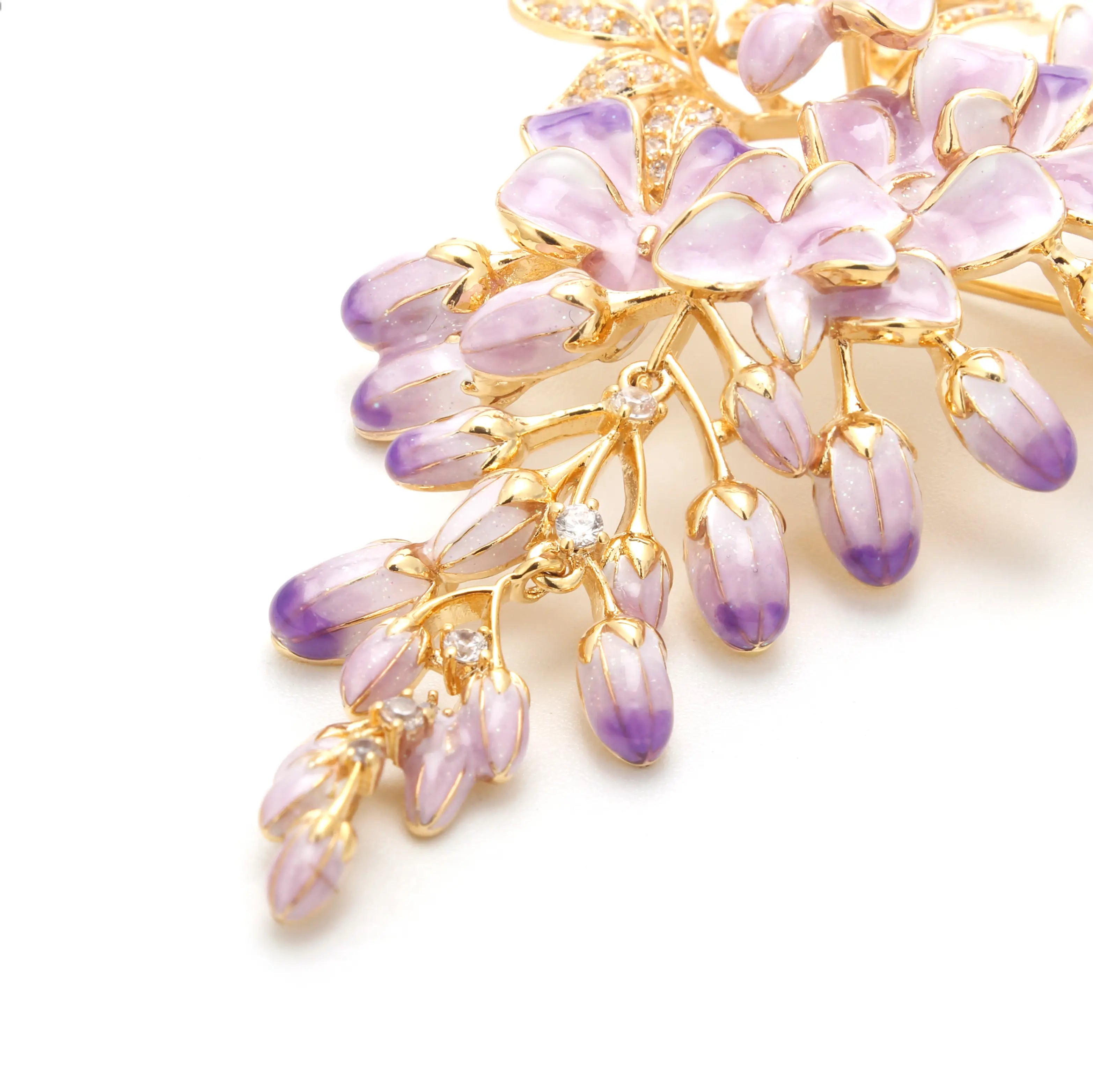 Wisteria Dream Brooch Lavender Blossom & Gold Crystal Vine Pin