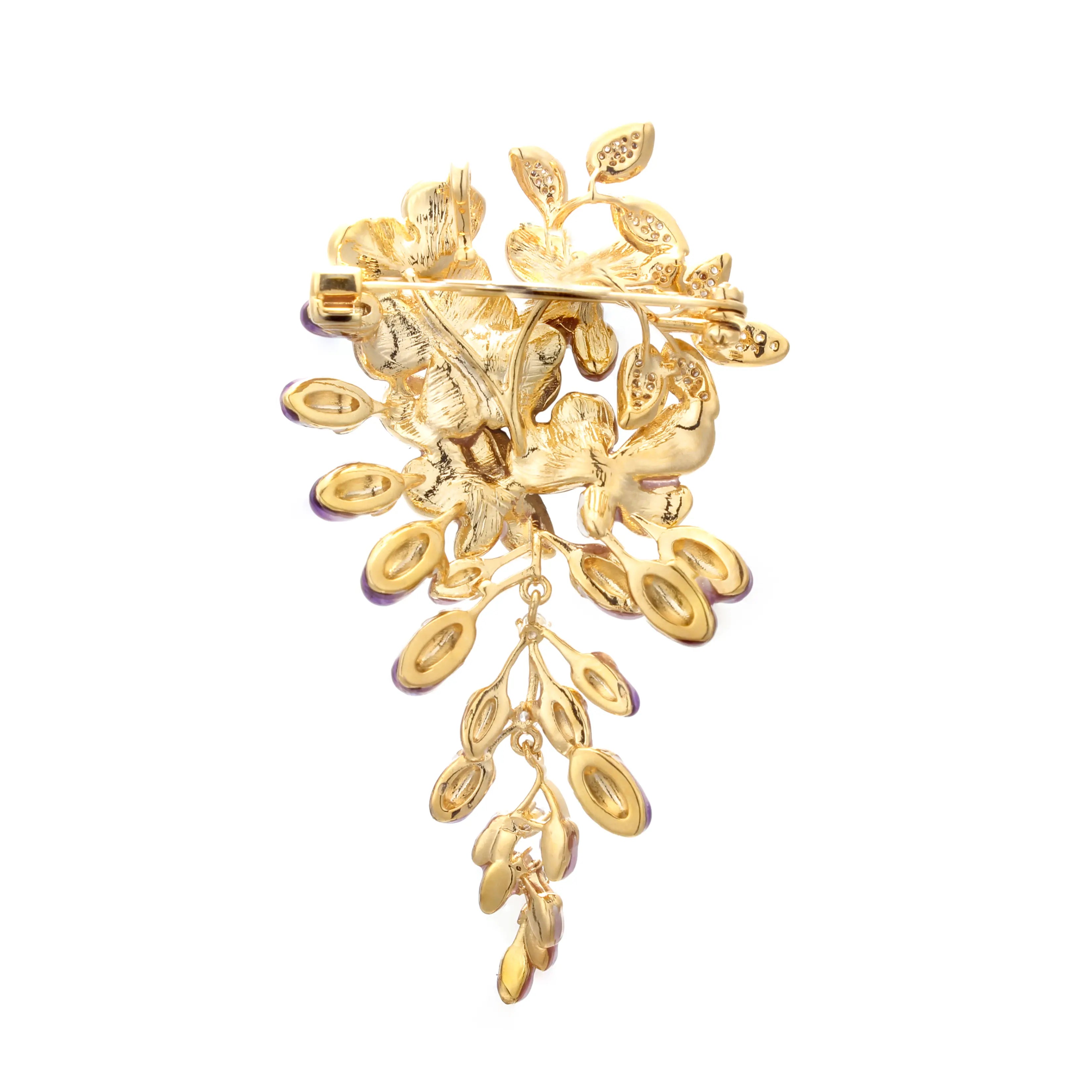 Wisteria Dream Brooch Lavender Blossom & Gold Crystal Vine Pin