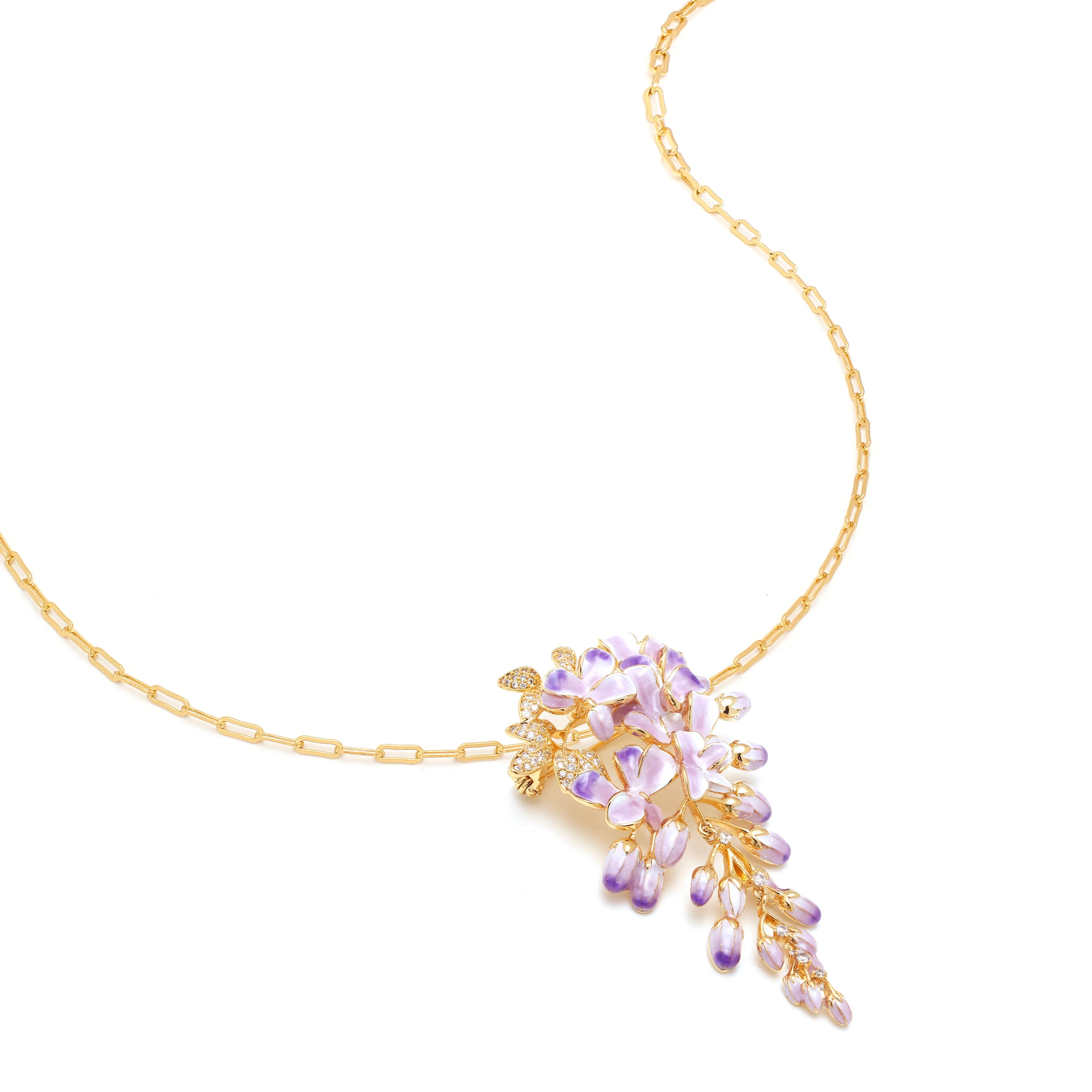 Wisteria Dream Brooch Lavender Blossom & Gold Crystal Vine Pin