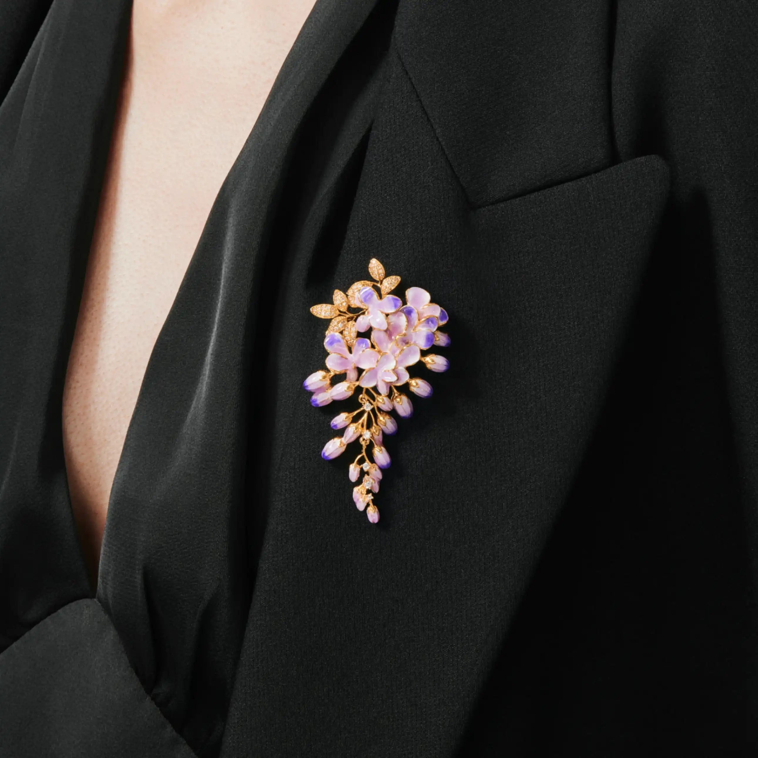 Wisteria Dream Brooch Lavender Blossom & Gold Crystal Vine Pin