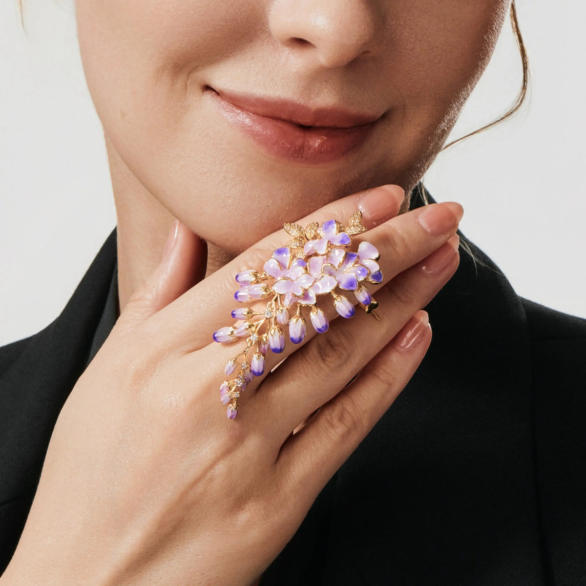 Wisteria Dream Brooch Lavender Blossom & Gold Crystal Vine Pin